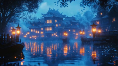 蓝调雨夜古镇清幽建筑