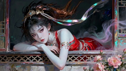 国风古韵古风长发窗台美人