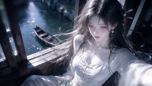 江南水乡窗棂温柔少女