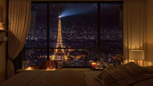 舒适的卧室里欣赏巴黎夜景