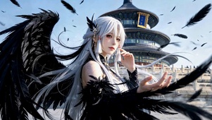 天坛古风黑翼白发美少女