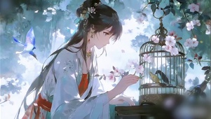 庭院喂鸟少女