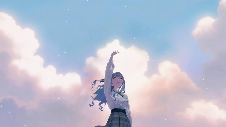 低角度蓝发动漫少女抬手望向缀着星点的粉调云空