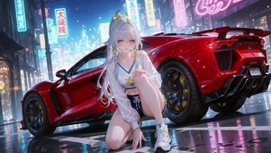 赛博街头超跑银发美少女兹白