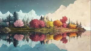 静谧森林湖中树木倒影