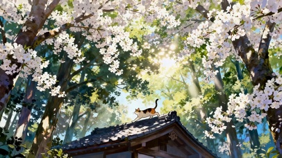 春天樱花屋顶猫咪