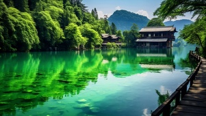 美丽湖边小屋风景