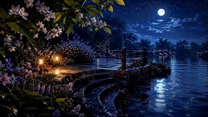 月夜湖畔花径夜景