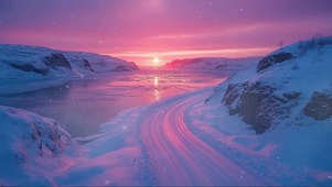 梦幻朝霞雪原湖泊