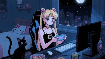 像素风玩平板的美少女