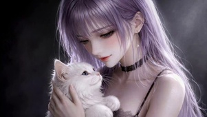 紫发少女与可爱白猫