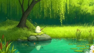 湖边垂柳树下钓鱼