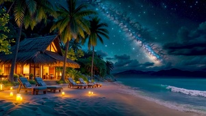 夜晚星空海边木屋