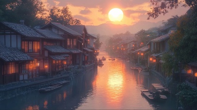 黄昏下的水乡建筑落日