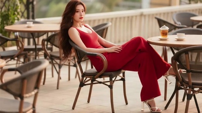 茶馆悠闲纳凉的红衣美女