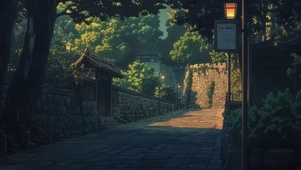 傍晚静谧树林古城街道