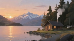 落日森林湖畔小屋