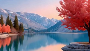 枫叶树木河流带鱼屏