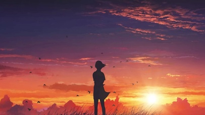 夕阳下的背影少女