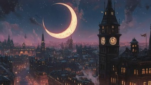 月亮古城钟楼浪漫夜空