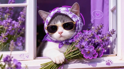 窗边可爱花束猫