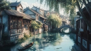 国风江南水乡朦胧风景