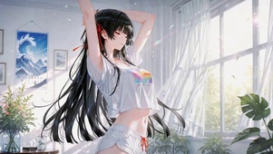 清晨窗边伸懒腰的美少女千咲