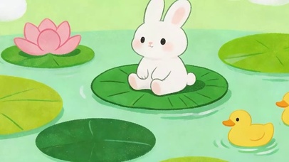 夏天荷花上兔子与鸭子带鱼屏
