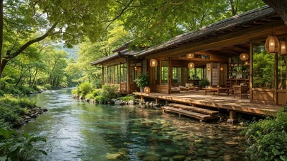 溪水边日式木屋