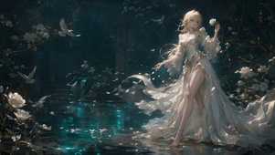 暗夜水边白玫瑰金发美少女