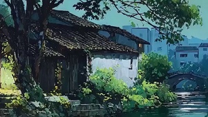 古风夜色河流夜景带鱼屏