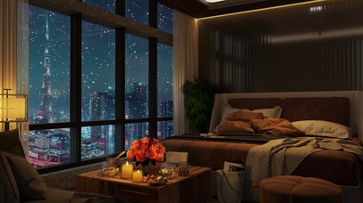 4K城市夜晚温馨飘雪房间