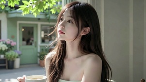 窗边喝咖啡少女