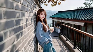 景区长廊购物小屋前喝咖啡美女2