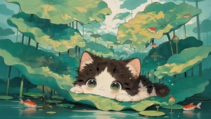 荷叶下猫咪