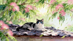 春天绿荫下猫咪