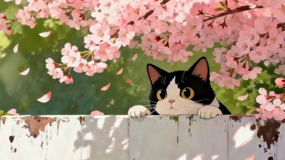 樱花树木下两只猫咪带鱼屏
