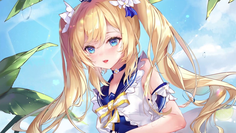 金发双马尾少女立于蓝天白云下，发间饰有白花，边缘衬着鲜绿叶片。