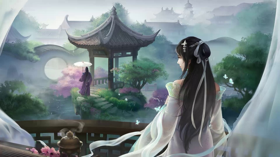 窗内汉服女子凝望雨中古风园林，古亭旁立有撑伞紫衫人物，粉花绿植错落。
