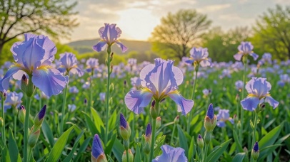 日落紫色鸢尾花田