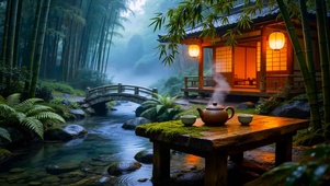 竹林小桥流水木屋