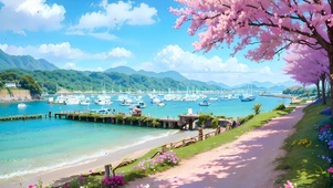 白云樱花树木海景