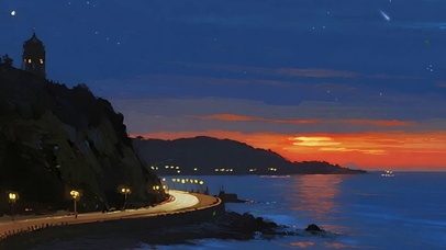 护眼夜景海景油画带鱼屏双屏