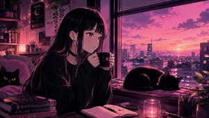 紫暮窗边二次元少女与黑猫