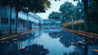 清新校园蓝调下雨道路