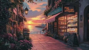 海港城市晚霞商店街道