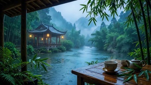 山水湖边木亭