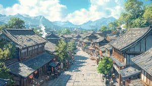 晴空夏日古风小镇建筑