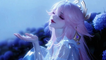 雨中粉发二次元美少女