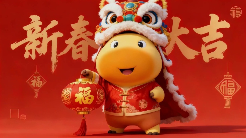 头戴醒狮头套、身着红色福字唐装的水豚噜噜，身旁挂有印着金色福字的红色灯笼，正红色新春背景搭配明黄、橙黄与金棕配色。